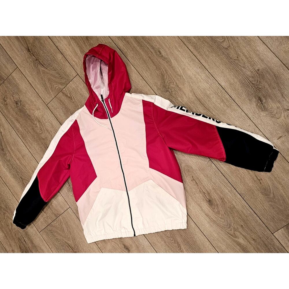 Members Only Red White Pink and Blue Women's L Zip Up Windbreaker Jacket w/ hood